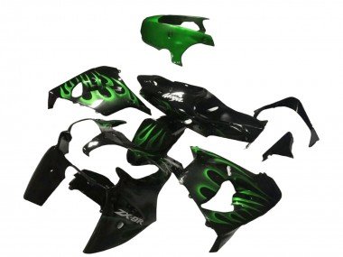 2000-2001 Glossy Black Green Flame Kawasaki ZX9R Motorcycle Fairings