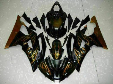 2008-2016 Glossy Black Gold Flame Yamaha YZF R6 Motorcycle Fairings