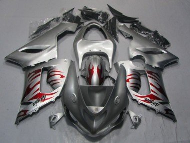 2005-2006 Silver Red Flame Ninja Kawasaki ZX6R Motorcycle Fairings