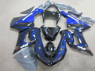 2005-2006 Glossy Black Blue Flame Kawasaki ZX6R Motorcycle Fairings