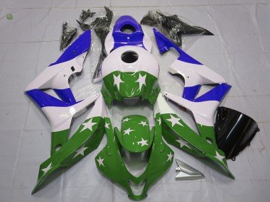 2007-2008 White Blue Green Stars Stripe Honda CBR600RR Motorcycle Fairings