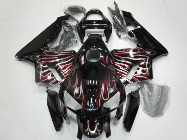 2005-2006 Glossy Black Silver Red Flame Honda CBR600RR Motorcycle Fairings