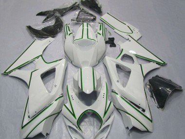 2007-2008 Glossy White Green Pin Stripe Suzuki GSXR 1000 Motorcycle Fairings