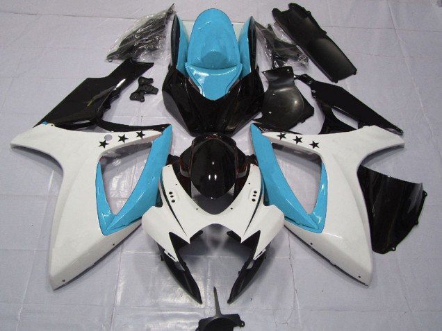2006-2007 Light Blue White Glossy Black Star Suzuki GSXR 600 / GSXR 750 Motorcycle Fairings
