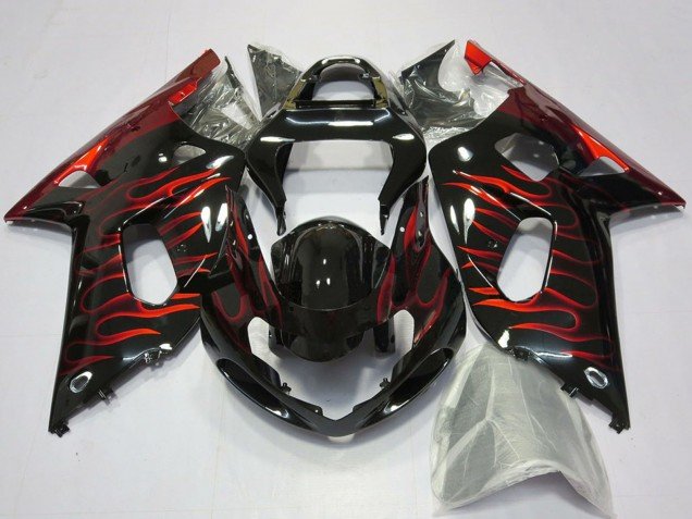 2001-2003 Glossy Black Red Flame Suzuki GSXR 600 / GSXR 750 Motorcycle Fairings