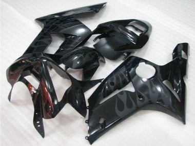 2003-2004 Glossy Black Grey Flame Kawasaki ZX6R Motorcycle Fairings