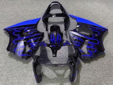 2000-2002 Glossy Black Blue Flame Kawasaki ZX6R Motorcycle Fairings