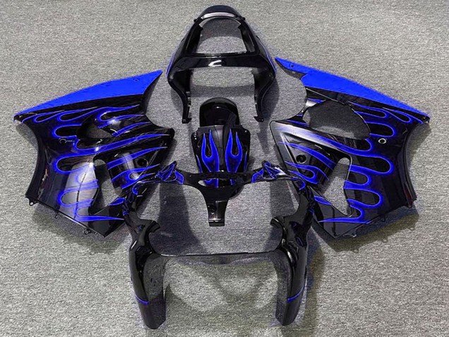 2000-2002 Glossy Black Blue Flame Kawasaki ZX6R Motorcycle Fairings
