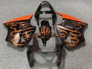 2000-2002 Glossy Black Orange Flame Kawasaki ZX6R Motorcycle Fairings