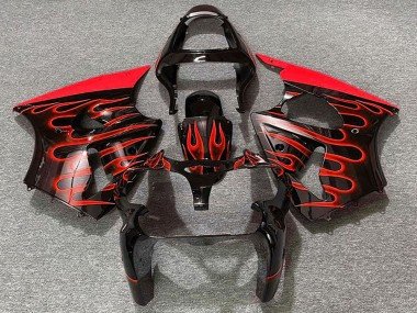 2000-2002 Glossy Black Red Flame Kawasaki ZX6R Motorcycle Fairings