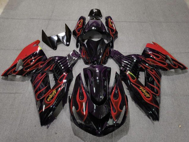 2006-2011 Glossy Black Red Flame Gold Ninja Kawasaki ZX14R Motorcycle Fairings