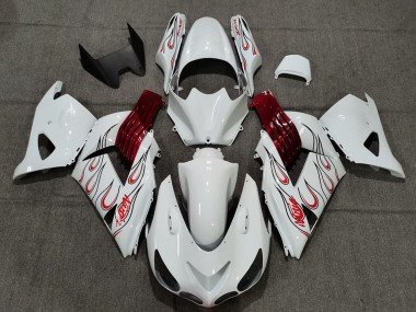 2006-2011 White Red Flame Kawasaki ZX14R Motorcycle Fairings