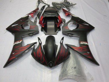 2003-2004 Matte Black Red Flame Yamaha R6 Motorcycle Fairings