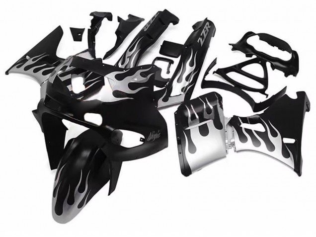 1998-2003 Glossy Black Silver Flame Kawasaki ZZR600 Motorcycle Fairings