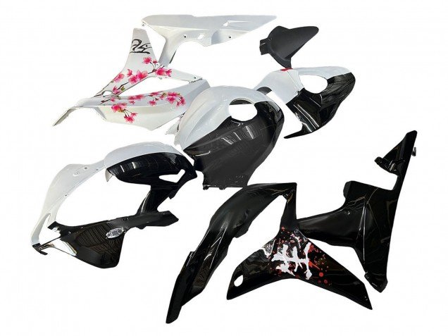 2007-2008 White Cherry Blossom Glossy Black Split Honda CBR600RR Motorcycle Fairings