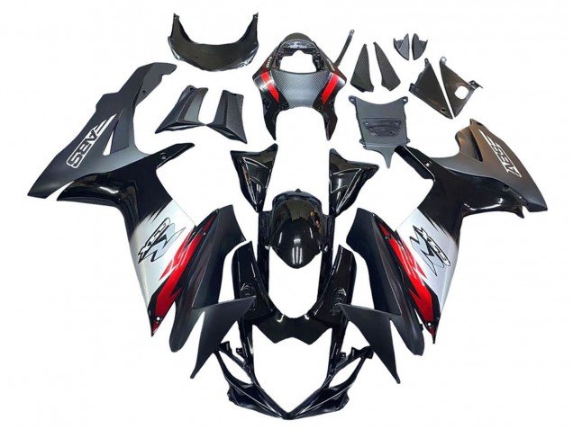 2011-2024 Glossy Black Forged Carbon Fiber Silver Red Suzuki GSXR 600 / GSXR 750 Motorcycle Fairings