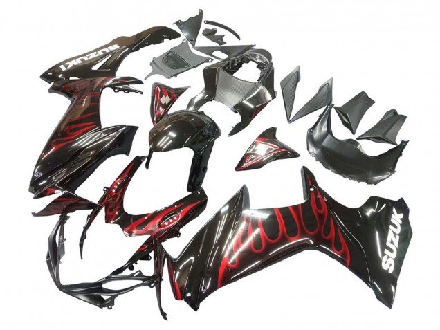 2011-2024 Glossy Black Red Flame Suzuki GSXR 600 / GSXR 750 Motorcycle Fairings