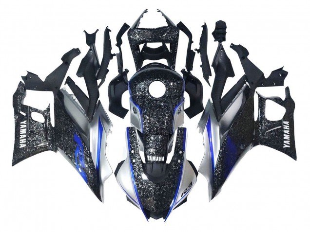 2022-2024 Marble Black Silver Blue Forged Carbon Fiber Style Yamaha YZF R3/R25 Motorcycle Fairings
