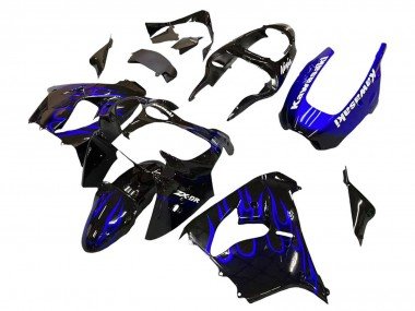 2000-2001 Glossy Black Blue Flame White Kawasaki ZX9R Motorcycle Fairings
