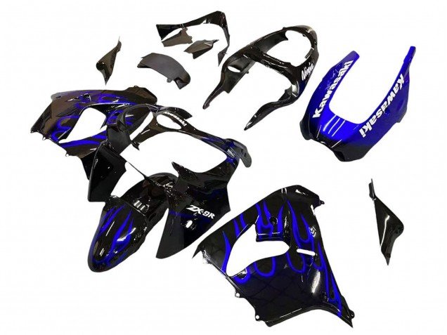 2000-2001 Glossy Black Blue Flame White Kawasaki ZX9R Motorcycle Fairings