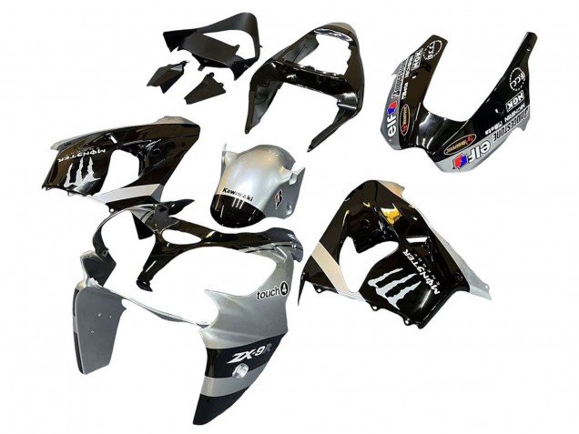 2002-2003 Silver Glossy Black Monster Elf Kawasaki ZX9R Motorcycle Fairings