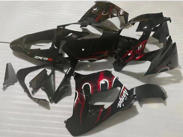 2002-2003 Glossy Black Red Flame Kawasaki ZX9R Motorcycle Fairing