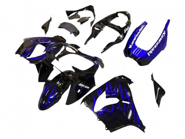2002-2003 Black White with Blue Flame Kawasaki ZX9R Motorcycle Fairings