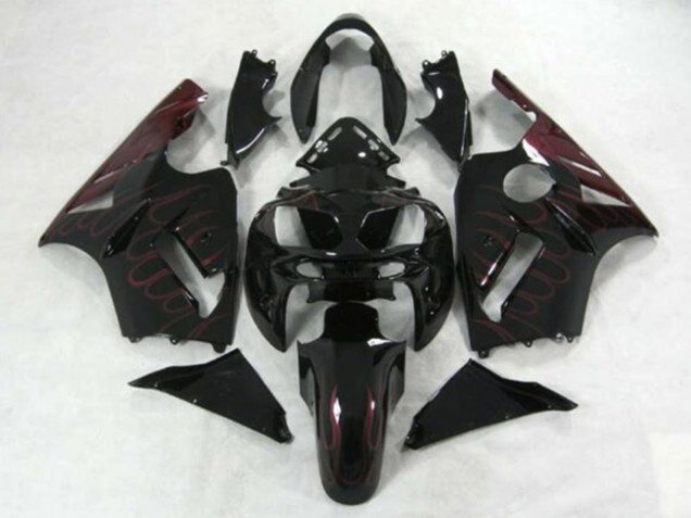 2002-2006 Glossy Black Burgundy Flame Kawasaki ZX12R Motorcycle Fairings