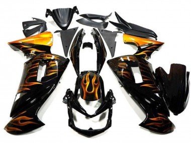 2006-2008 Glossy Black Gold Flame Kawasaki Ninja 650 EX650 Motorcycle Fairings