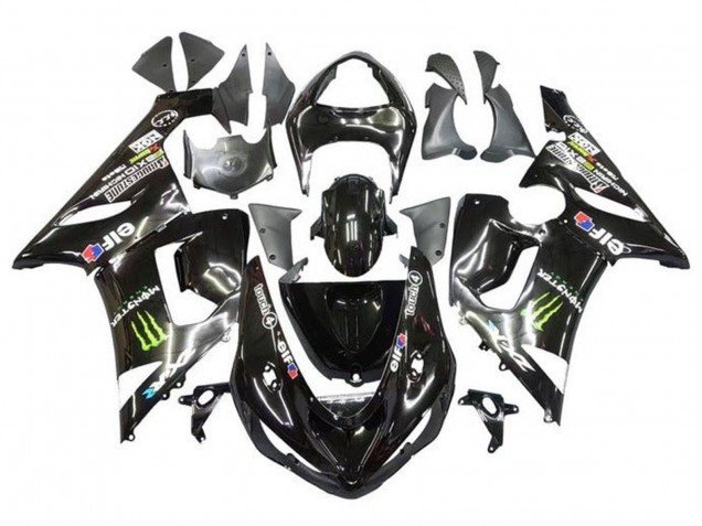 2005-2006 Glossy Black Yellow Monster Kawasaki ZX6R Motorcycle Fairings