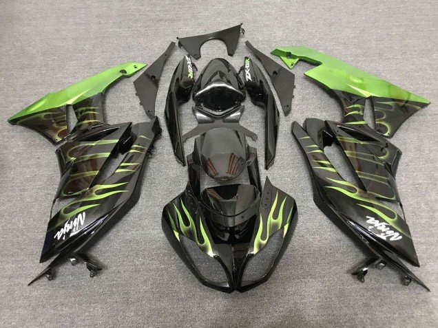 2007-2008 Black Light Green Flame Kawasaki ZX6R Motorcycle Fairings