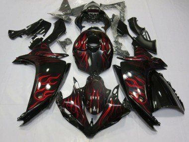 2007-2008 Glossy Black Red Flame Yamaha YZF 1000 R1 Motorcycle Fairings