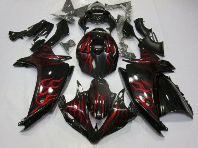 2007-2008 Glossy Black Red Flame Yamaha YZF 1000 R1 Motorcycle Fairings