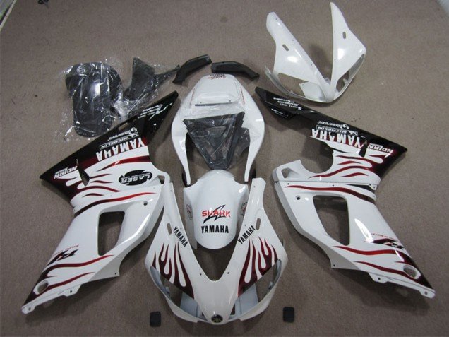 1998-1999 White Glossy Black Red Flame Shark Yamaha YZF R1 Motorcycle Fairings
